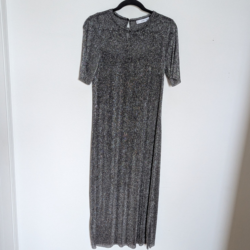 MNG Metallic Silver Knit Maxi Dress | M